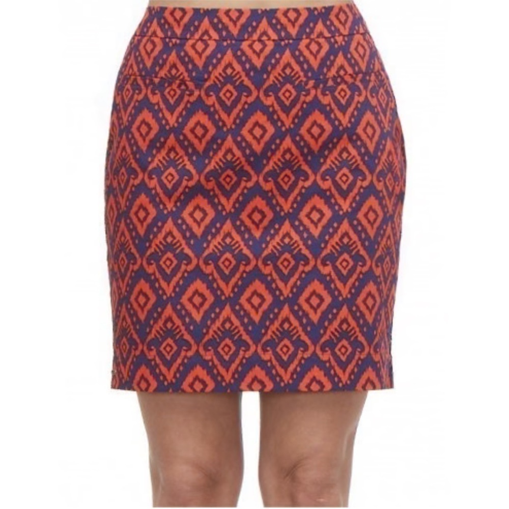 Hatley Womens Skirt blue/red IKAT cotton sateen exposed zipper skirt size 4